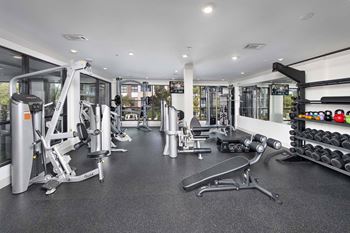 A spacious gym with a variety of equipment including treadmills, weights, and exercise machines.